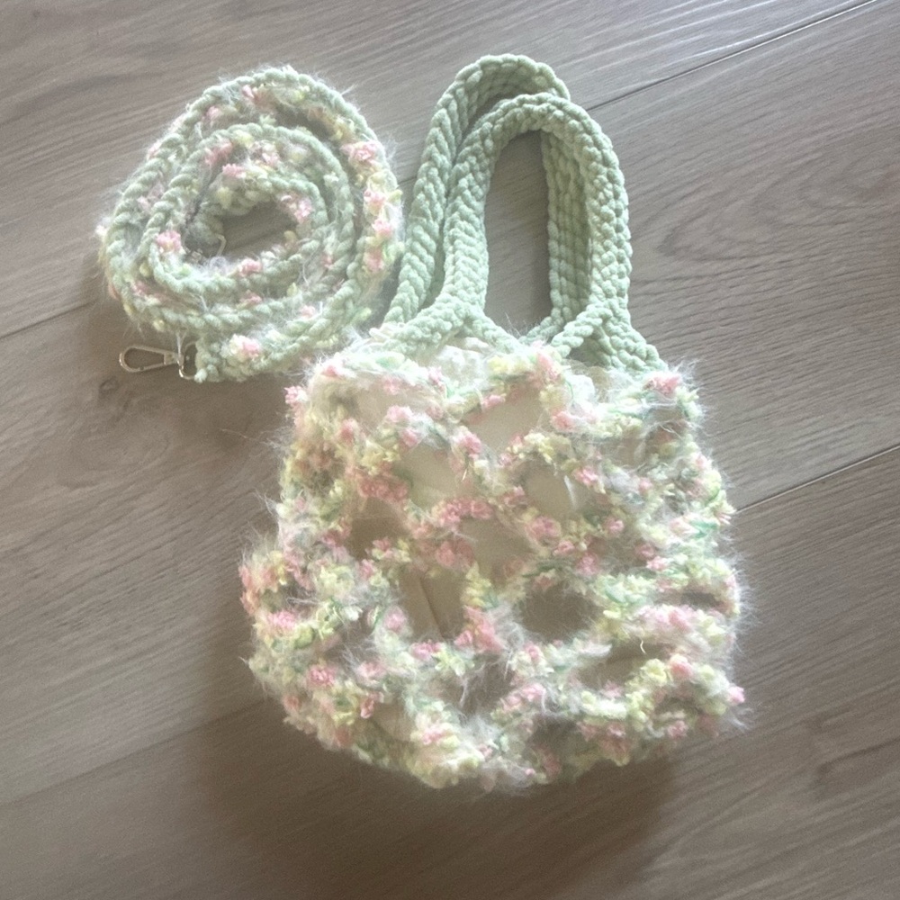 HANDMADE MINI FLORAL CROCHET NET PURSE, MINI SIZE, PINK/GREEN